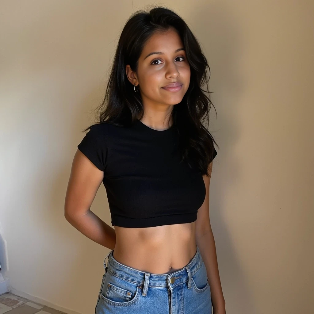 boring low quality instagram photo circa 2020, petite with sexy curves, black wavy hair, looking innocent, wearing jeans and crop top