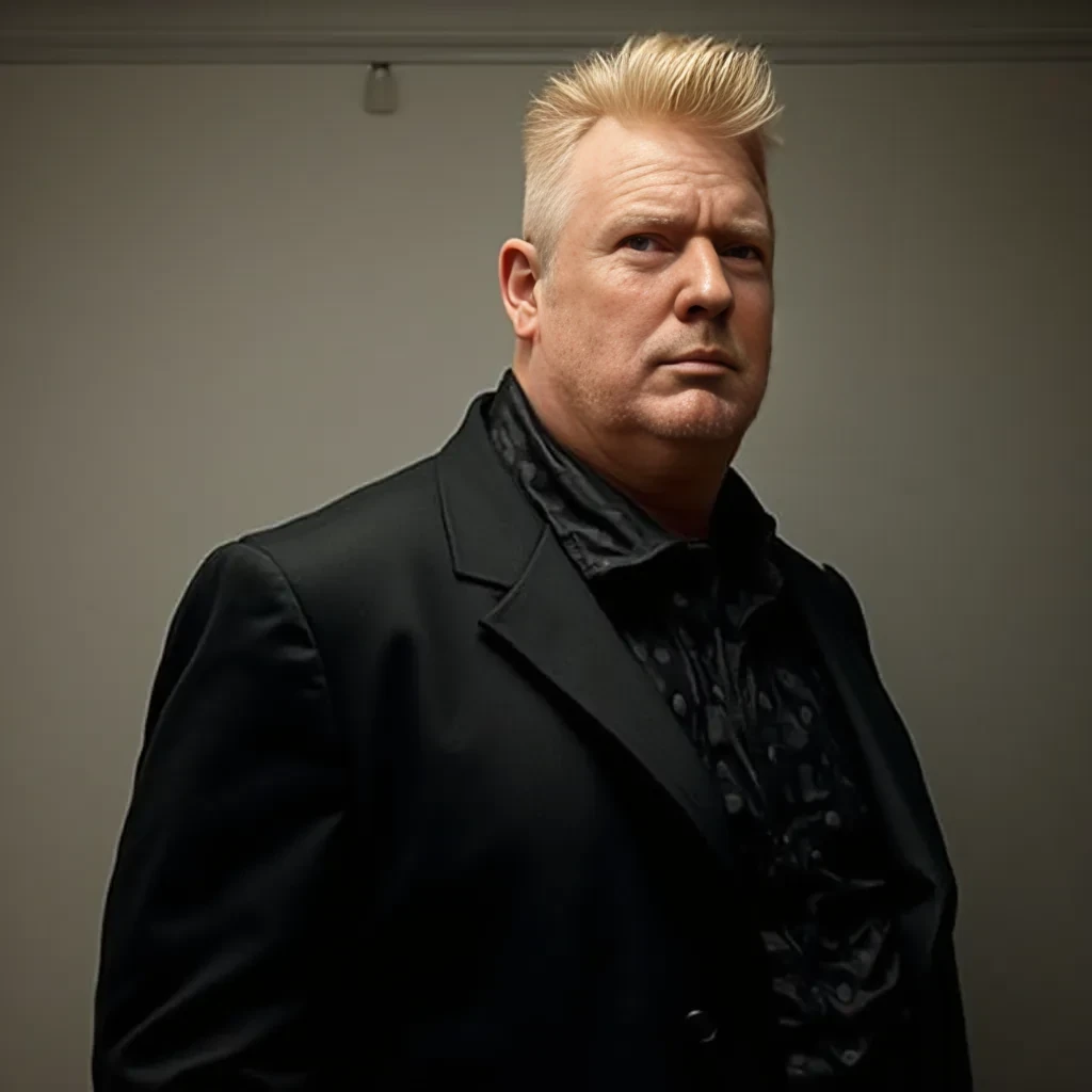 Old white man, kind of fat, in black suit, blond hair, pompadour hairstyle