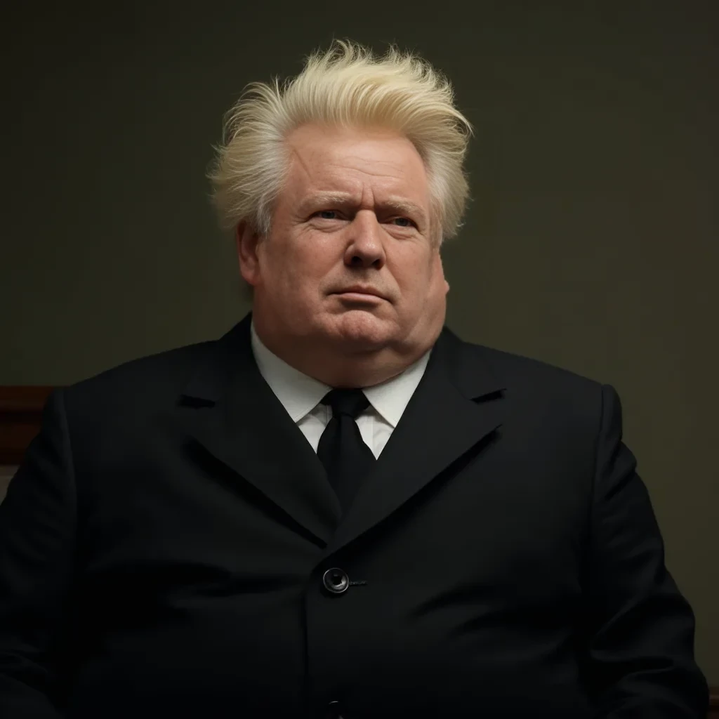 Old white man, kind of fat, in black suit, blond hair, pompadour hairstyle