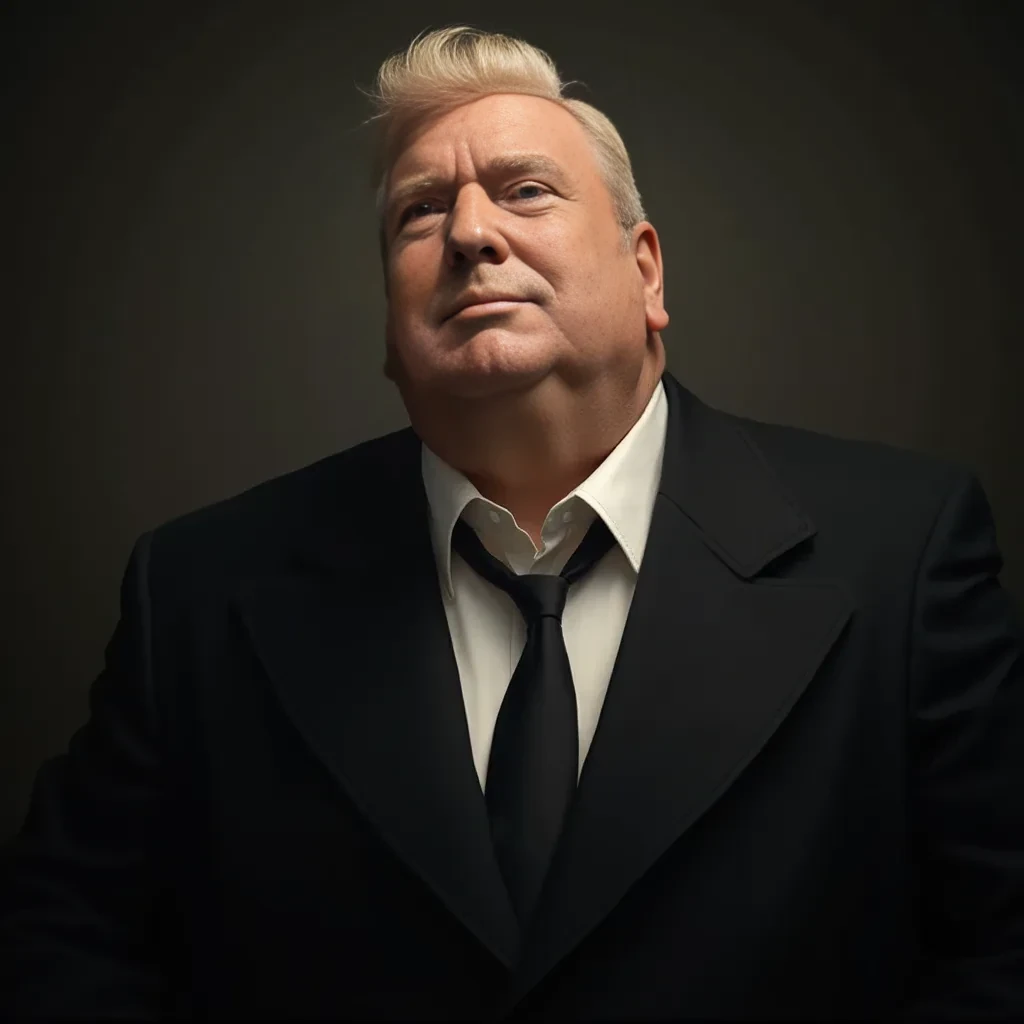 Old white man, kind of fat, in black suit, blond hair, pompadour hairstyle