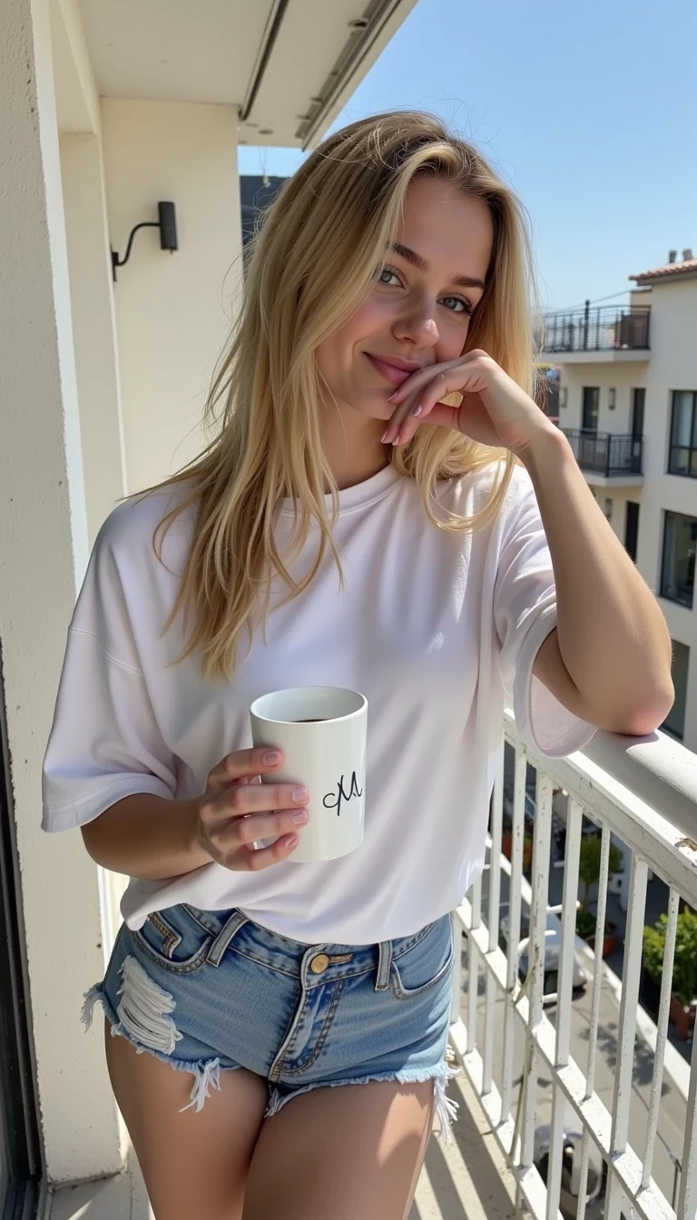 photo of woman CSTMDL,A casual photo in 2015 Snapchat quality vibe of CSTMDL model with blonde hair in an oversized t-shirt that slips off one shoulder. She leans on a balcony rail, coffee mug in hand, smiling at the lens with sleepy eyes. Very flirty vibe.
   