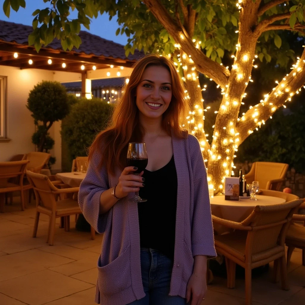A full body shot photo of a woman standing outdoors at a cozy, warmly lit patio in the evening, with soft, glowing lights wrapped around a tree behind them creating a charming atmosphere. The image is rich in detail, with warm tones and clear textures throughout. The woman has fair skin, a slim build, and long reddish-blonde hair, also worn loose. She is smiling warmly at the camera, holding a glass of red wine in her right hand, and wears a soft-textured lavender cardigan over a black top. The background features a large tree with sparkling string lights wrapped around its trunk and branches, adding a magical touch to the scene. The setting suggests a private outdoor seating area, with elements like terracotta-tiled roofing, greenery, and rattan chairs contributing to a serene, inviting vibe. The overall composition is balanced, with the woman framed against the softly glowing tree, and the lighting enhances the warm, intimate feel of a quiet evening shared among friends. The details are vivid, with textures of clothing, skin, and background elements clearly visible, while the warm lighting creates a relaxed and joyful mood