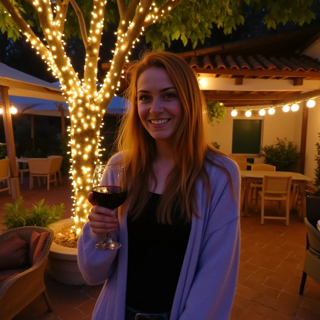A full body shot photo of a woman standing outdoors at a cozy, warmly lit patio in the evening, with soft, glowing lights wrapped around a tree behind them creating a charming atmosphere. The image is rich in detail, with warm tones and clear textures throughout. The woman has fair skin, a slim build, and long reddish-blonde hair, also worn loose. She is smiling warmly at the camera, holding a glass of red wine in her right hand, and wears a soft-textured lavender cardigan over a black top. The background features a large tree with sparkling string lights wrapped around its trunk and branches, adding a magical touch to the scene. The setting suggests a private outdoor seating area, with elements like terracotta-tiled roofing, greenery, and rattan chairs contributing to a serene, inviting vibe. The overall composition is balanced, with the woman framed against the softly glowing tree, and the lighting enhances the warm, intimate feel of a quiet evening shared among friends. The details are vivid, with textures of clothing, skin, and background elements clearly visible, while the warm lighting creates a relaxed and joyful mood