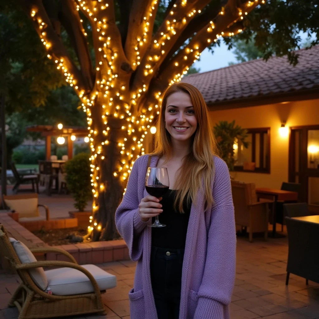 A full body shot photo of a woman standing outdoors at a cozy, warmly lit patio in the evening, with soft, glowing lights wrapped around a tree behind them creating a charming atmosphere. The image is rich in detail, with warm tones and clear textures throughout. The woman has fair skin, a slim build, and long reddish-blonde hair, also worn loose. She is smiling warmly at the camera, holding a glass of red wine in her right hand, and wears a soft-textured lavender cardigan over a black top. The background features a large tree with sparkling string lights wrapped around its trunk and branches, adding a magical touch to the scene. The setting suggests a private outdoor seating area, with elements like terracotta-tiled roofing, greenery, and rattan chairs contributing to a serene, inviting vibe. The overall composition is balanced, with the woman framed against the softly glowing tree, and the lighting enhances the warm, intimate feel of a quiet evening shared among friends. The details are vivid, with textures of clothing, skin, and background elements clearly visible, while the warm lighting creates a relaxed and joyful mood