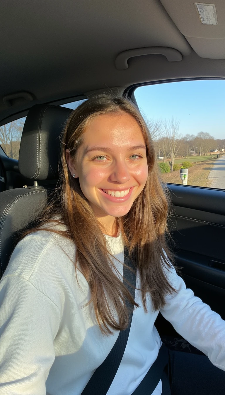 boring low quality snapchat photo circa 2015, A young woman with a warm smile, sitting in the driver's seat of a cozy car. She has soft, wavy brown hair cascading past her shoulders. The sunlight streams through the window, casting a gentle glow on her face. The interior of the car is neat and comfortable, with a coffee cup in the cup holder and a small plant on the dashboard. The background outside the window shows a scenic road lined with trees and blue skies