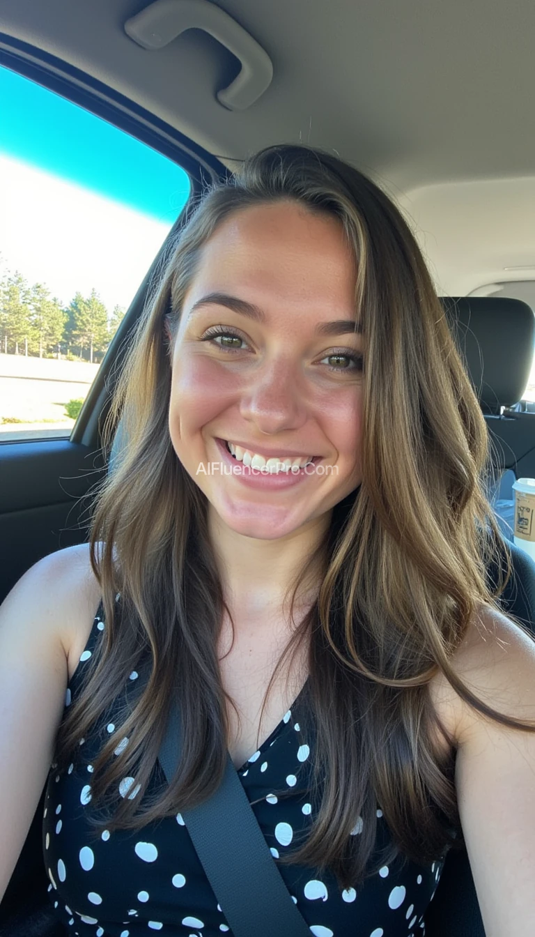 boring low quality snapchat photo circa 2015, A young woman with a warm smile, sitting in the driver's seat of a cozy car. She has soft, wavy brown hair cascading past her shoulders. The sunlight streams through the window, casting a gentle glow on her face. The interior of the car is neat and comfortable, with a coffee cup in the cup holder and a small plant on the dashboard. The background outside the window shows a scenic road lined with trees and blue skies