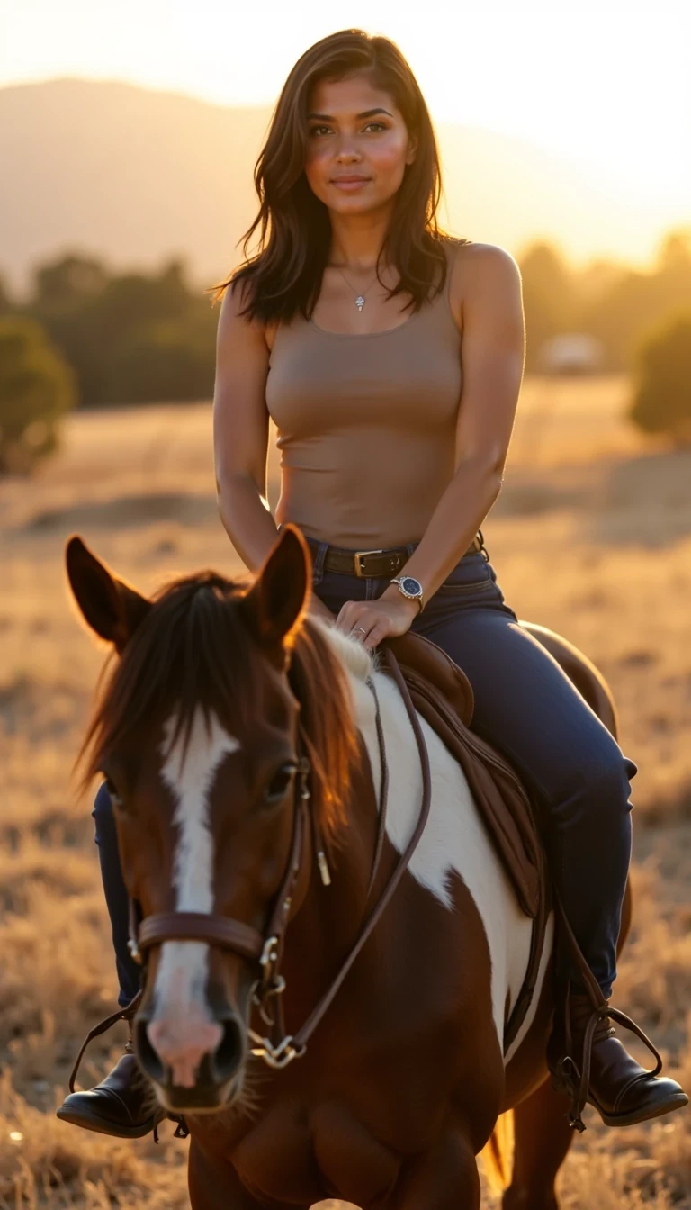 IMG_1589.HEIC  
CSTMDL woman horseback riding at golden hour on a bold dark-bay horse with a white blaze, in a dry grassy field with soft foothills in the background (Denver vibe). Friend-taken, candid iPhone-style portrait: camera ~6–8 feet back, 3/4 frontal view showing her from head to mid-thigh plus the horse’s head/shoulders. She wears a fitted neutral-toned sleeveless top and dark blue jeans with ankle boots; minimal jewelry (simple necklace or bracelet only), natural glam makeup, soft wavy hair. Warm sunset rim light on her hair and shoulders, realistic skin texture, shallow depth of field, relaxed confident expression. Her face matches Mou exactly — same refined cheekbones, almond eyes, and subtle smile as the anchor image. A small, elegant diamond nose stud catches the sunlight subtly for realism.

--no Apple Watch, no studio lighting, no airbrushed/plastic skin, no warped tack, no deformed horse anatomy, no extra limbs/fingers, no text/watermark  

Annotation: aspect ratio 9:16,