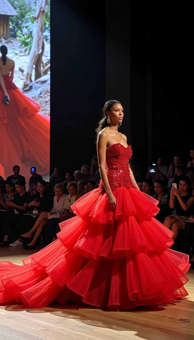 Finale Moment
Shot on Canon R3, 24-70mm f/2.8, ISO 1600, 1/800 sec. Wide shot capturing model leading finale walk. Valentino red tulle explosion, dramatic train. Light olive brown skin luminous under mixed lighting: LED strips + follow spot. Complex lighting pattern shows skin's natural highlights. Backdrop: massive LED wall displaying abstract art. Other models visible in background creating depth. Fashion editor phone lights create organic bokeh. CSTMDL
