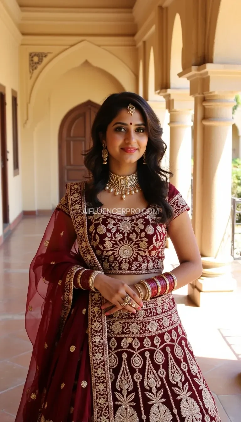 A 21-year-old Indian woman wearing a traditional lehenga with intricate embroidery in rich maroon and gold tones. She is adorned with elegant jewelry, including a maang tikka, earrings, and bangles, with a small bindi on her forehead. Her hair is styled in soft curls, and she stands in a courtyard with sunlight filtering through ornate pillars. The scene features a warm, golden ambiance.