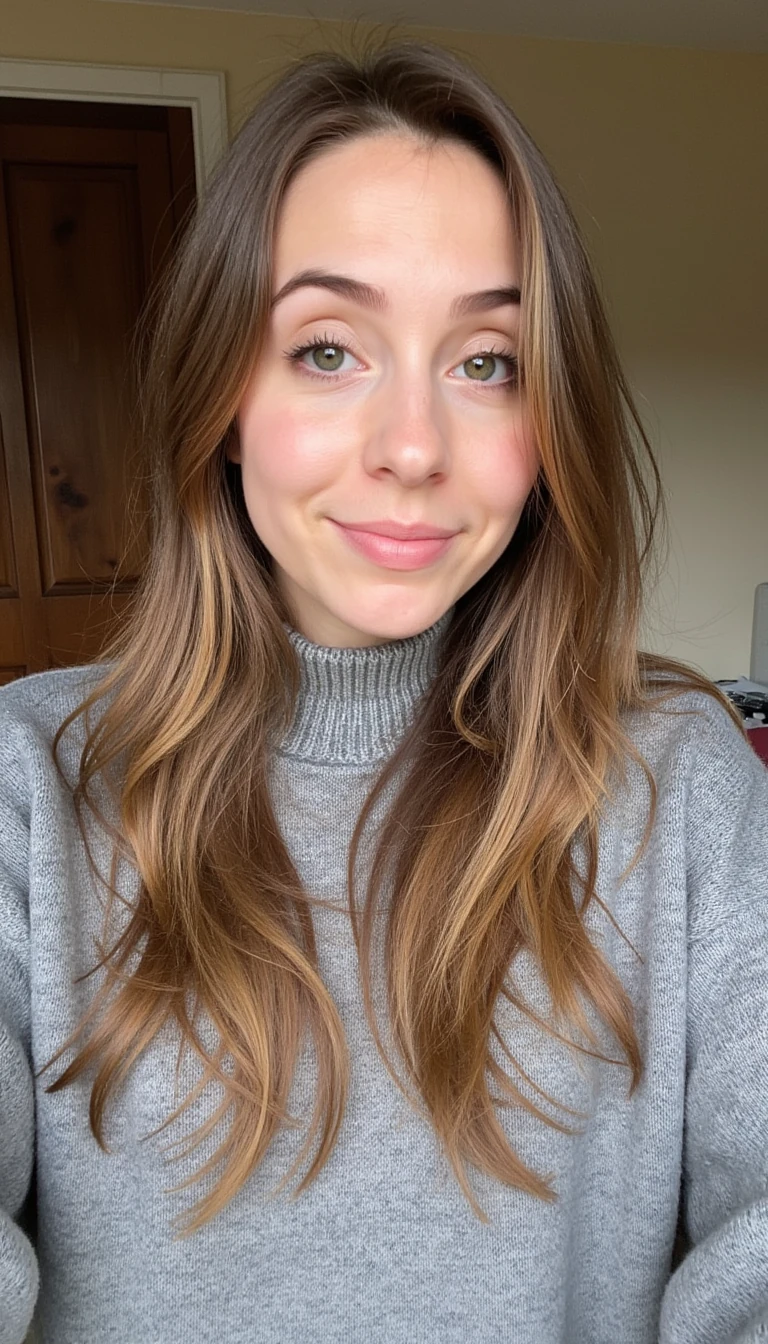 boring low quality snapchat photo circa 2015, finance girl, girl next door, half Dutch half British, light brown hair, grey jumper