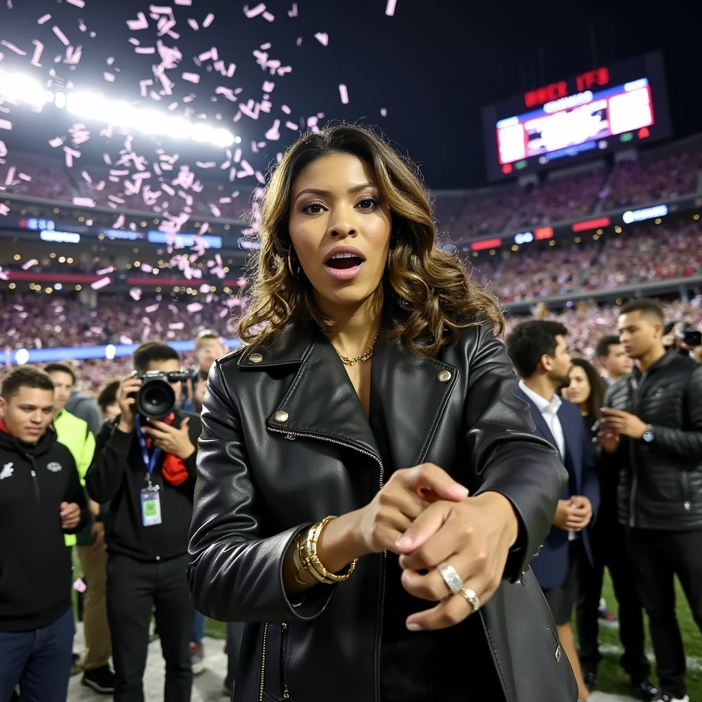 Victory Celebration
Shot on Leica Q3, 28mm f/1.7, ISO 4000, 1/200 sec. Model reacting to game-winning shot, genuine emotion. Designer game-day outfit: Alexander Wang leather, Cartier accessories. Stadium confetti falling, crowd excitement. Multiple light sources creating dynamic atmosphere. Background: Scoreboard, celebrating team, VIP guests.
 CSTMDL