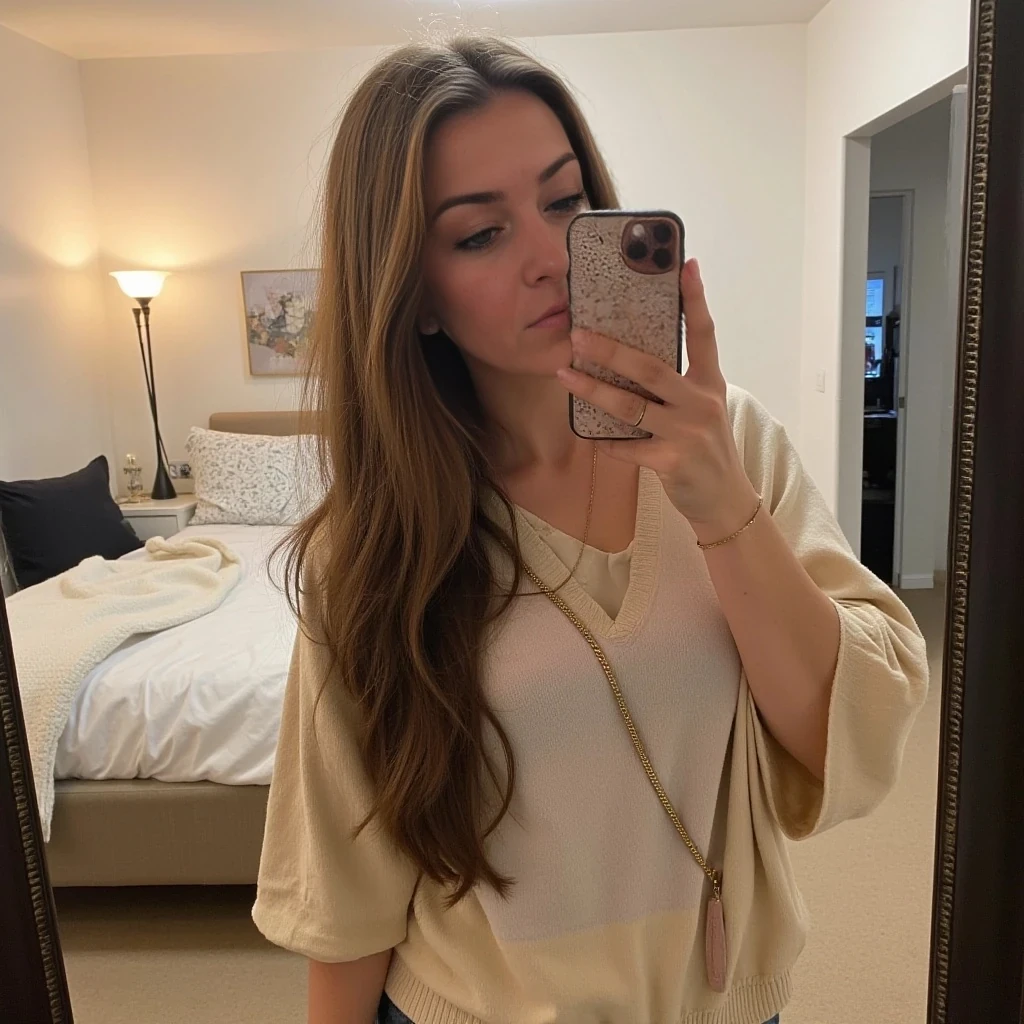 boring low quality snapchat photo circa 2015, cute woman, soft light brown hair, full outfit