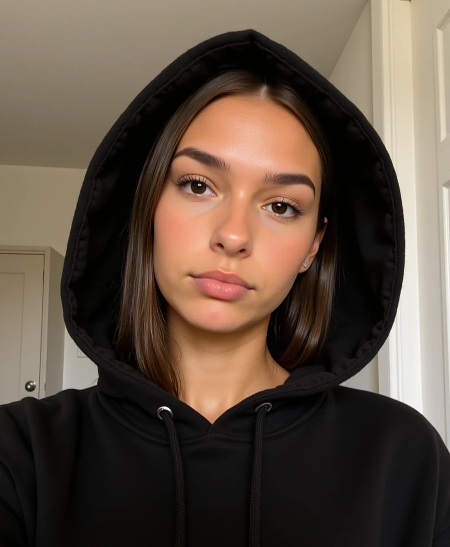 picture of a CSTMDL
Big tits. Large ass. No hip dips. Fit. Wide hips.
She is an 18-year-old girl with long, smooth, medium-dark brown hair (straight to slightly wavy), parted near the center. Her eyes are large, almond-shaped, and warm brown with full lashes and arched brows. She has an hourglass figure: height ~64 in, bust 36 in (28 in underbust), waist 24 in, hips 39 in. Bust is full and projected, waist narrow and flat, hips broad and rounded with lifted glutes. Thighs are full (~24 in), tapering to proportional calves. Arms are slim (~9 in upper arm), shoulders softly broad and balanced with hips. Neck medium, torso compact with a narrow ribcage, legs long relative to torso. Posture upright with mild anterior pelvic tilt. Skin is smooth, lightly tanned, and even-toned.
Scene/Background:
The photo is taken indoors in a softly lit space with neutral tones. Part of a light-colored wall and ceiling, along with subtle architectural details, can be seen faintly in the background, though the focus remains entirely on the subject.

Pose & Camera Angle:
The subject is facing directly into the camera in a close-up shot. Her hood is up, framing her face, with her expression calm and slightly serious. The camera angle is straight-on at eye level, making the image feel direct and personal.

Outfit & Accessories:
She is wearing a black hoodie, the hood drawn forward to frame her face. The hoodie fabric appears soft and structured, with visible stitching and drawstrings adding casual detail. No other accessories are immediately visible, keeping the look minimal and urban.

Lighting:
The lighting is soft and natural, creating a gentle glow on her skin. Highlights emphasize the smooth texture of her cheeks and the glossiness of her lips, while subtle shadows under the jawline and chin add depth to the portrait.

Mood/Vibe:
The mood is playful, bold, and fashion-forward. The close-up angle paired with expressive details—like the jewelry and facial expression—gives the shot an editorial quality, blending casual spontaneity with a polished, high-fashion aesthetic.