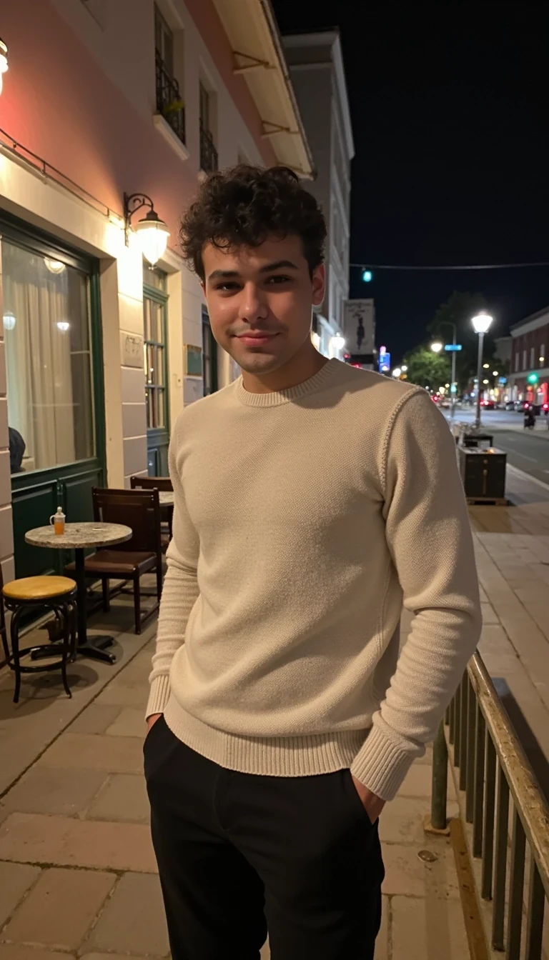 boring low quality snapchat photo of handsome 20 year old man with beautiful hair smiling, CSTMDL, POV of a relaxed moment at a sidewalk café during dusk. A man leans against a railing, wearing a light knit sweater and dark trousers, hands in his pockets. His posture is casual and composed, warm ambient lighting, background with light city traffic and soft chatter.