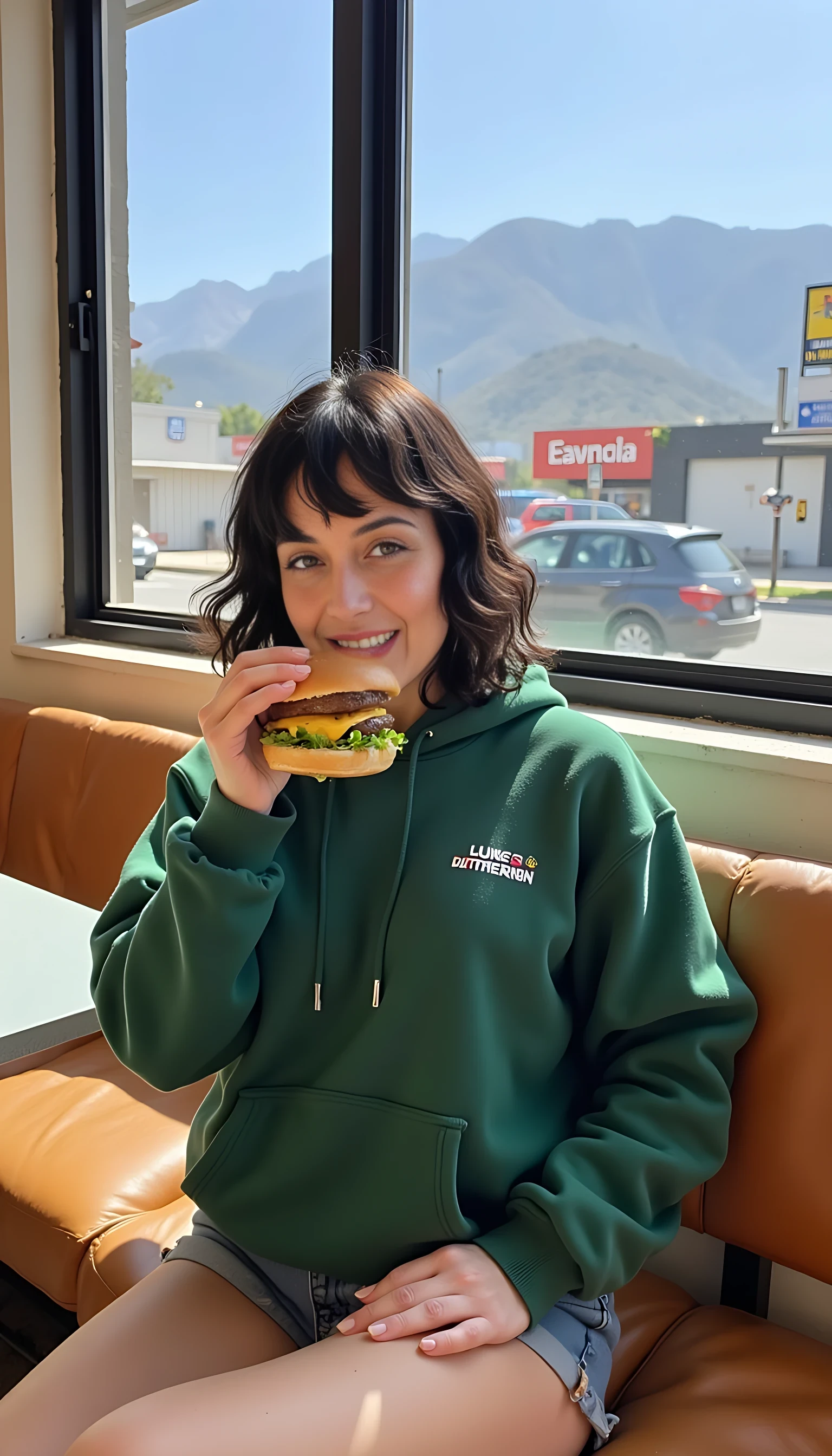 iphone portrait of CSTMDL woman younger Bob length hair hair makeup bangs cute smile brown eyes and sitting in cafe eating cheeseburger and and coke wearing solid green hoodie and shorts mountains background 