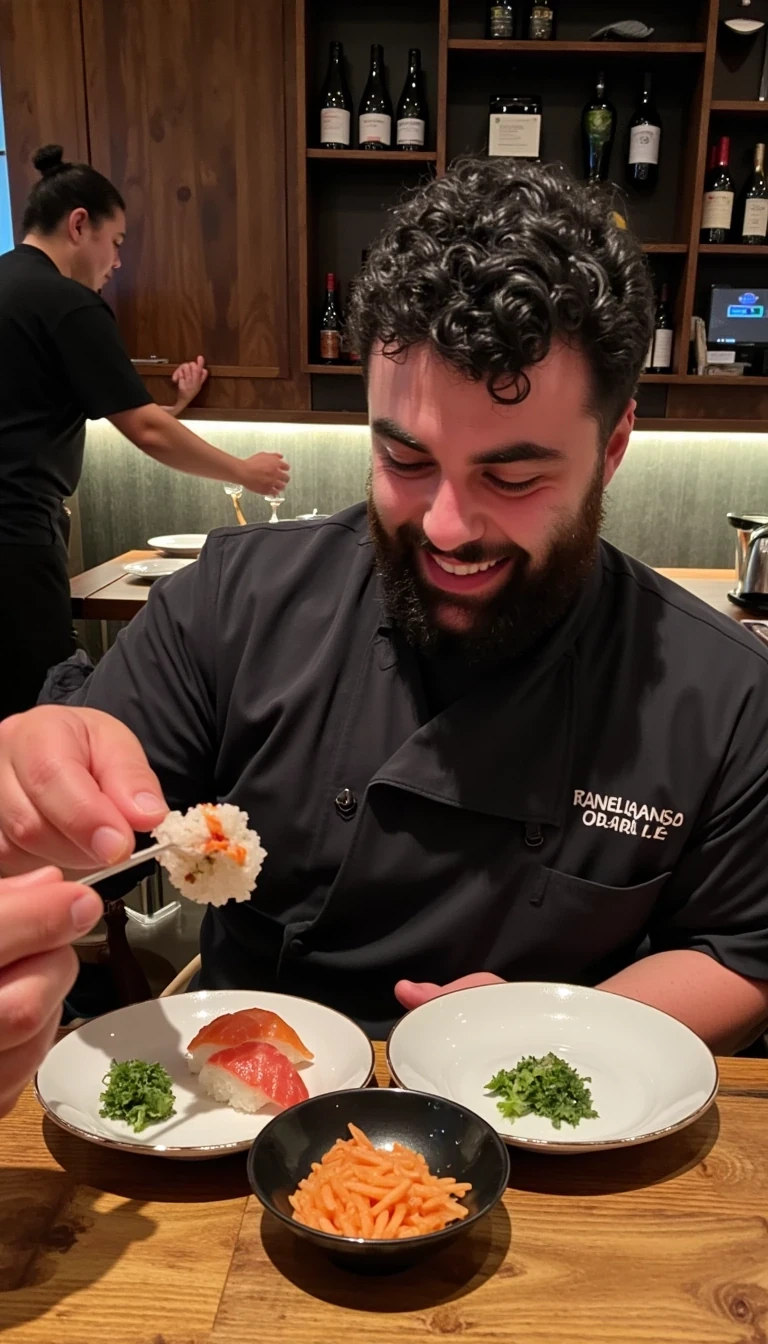 photo of man CSTMDL, on the floor, begging to eat sushi from a sushi chef, at a high end sushi restaurant