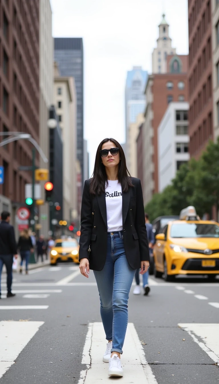 CSTMDL Nyxie 2 walking confidently across a crosswalk in New York City, dressed in a trendy oversized blazer, sunglasses, and sneakers, with blurred taxis and skyscrapers behind her. There are other people crossing in both directions at the same time.