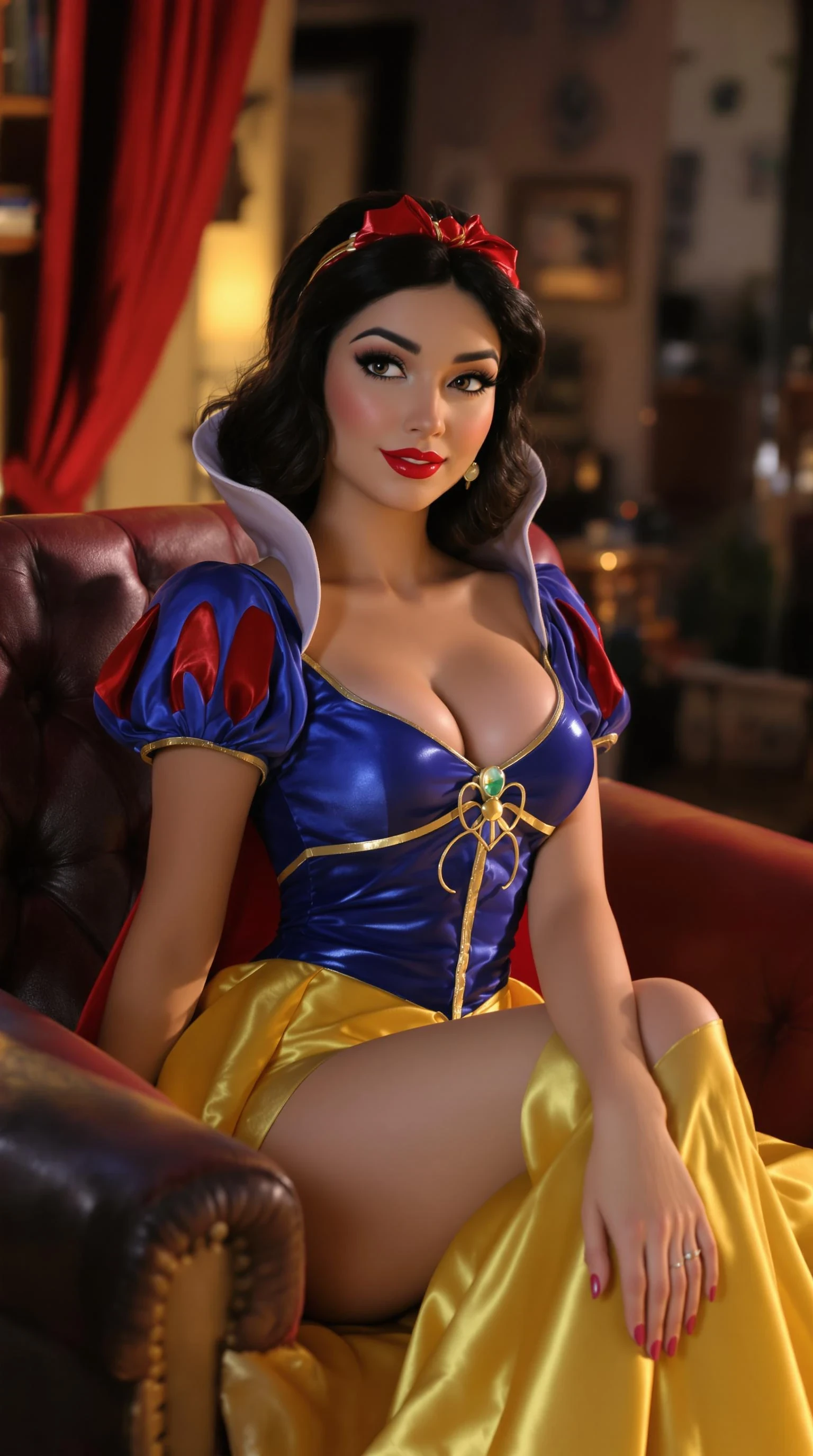 A 21st century new and sexier year 2025 modern Disney princess snow white version, snow white is wearing updated year 2025 trendy outfit that is her style, disney pixar, pixar, Disney princess snow white, but shes 18 years old now and a adult film actress, sitting very pretty on the casting couch porn