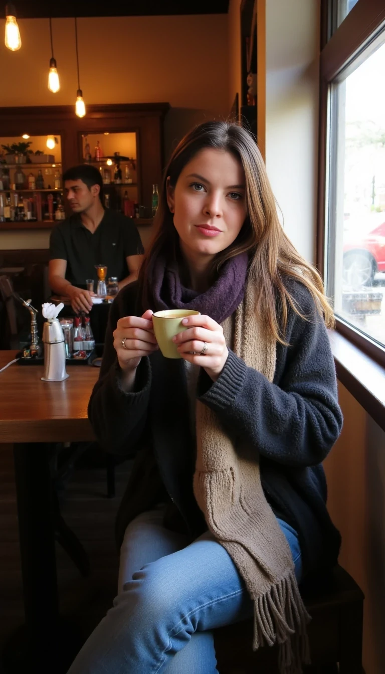 boring low quality snapchat photo circa 2015, Medium shot photo of a woman with brown hair sitting in a warmly lit coffee shop, dressed in casual, cozy clothing. She has a relaxed, thoughtful expression as she holds a warm cup of coffee. The background shows soft lighting, rustic decor, wooden tables, and the glow of hanging Edison bulbs, creating a calm, inviting atmosphere. Sunlight filters gently through the window, adding a warm tone to the scene.