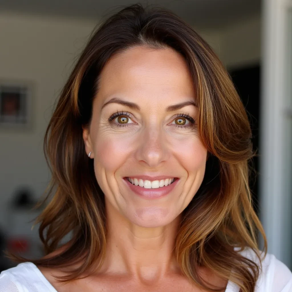 Attractive mature woman in her late forties with a soft, fuller face. Rounded cheeks with a natural healthy plumpness, gentle double chin barely visible from some angles, warm hazel eyes framed by long curled lashes and softly arched brows. Nose straight with a gentle slope, full lips with a natural rosy tint and a friendly, approachable smile. Skin smooth with a light sun-kissed tone and faint expression lines adding charm. Chestnut brown hair with subtle golden highlights, medium-long, styled in soft waves that frame her face, enhancing her slightly chubby, feminine look.