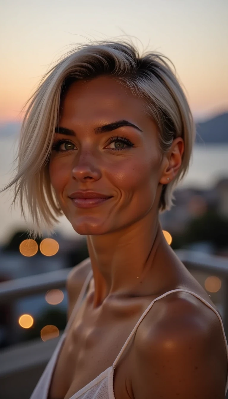 CSTMLD close-up cinematic portrait of Baïla at twilight on a rooftop overlooking the sea.
Her silver hair reflects the last light of the day; her smile is wide and authentic.
Behind her, city lights start to sparkle like golden dots.

Lighting: mix of warm twilight and soft candle reflections.
Mood: joy, sensual calm, feminine confidence.
Camera: 85 mm f/1.4; shallow DOF; glossy texture.