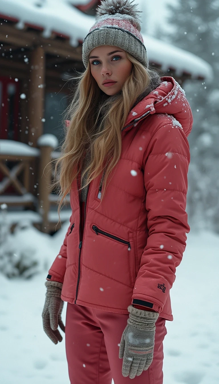 with more of a realistic look in her skin... not so plasticky in the snow with a cabin type of vibe and some trees in the background with a porche gt3rs in the background show casing elegancy and strong feminine vibe but super sexy snow jacket and pants with a beanie and gloves with all clothing colors complimenting each other