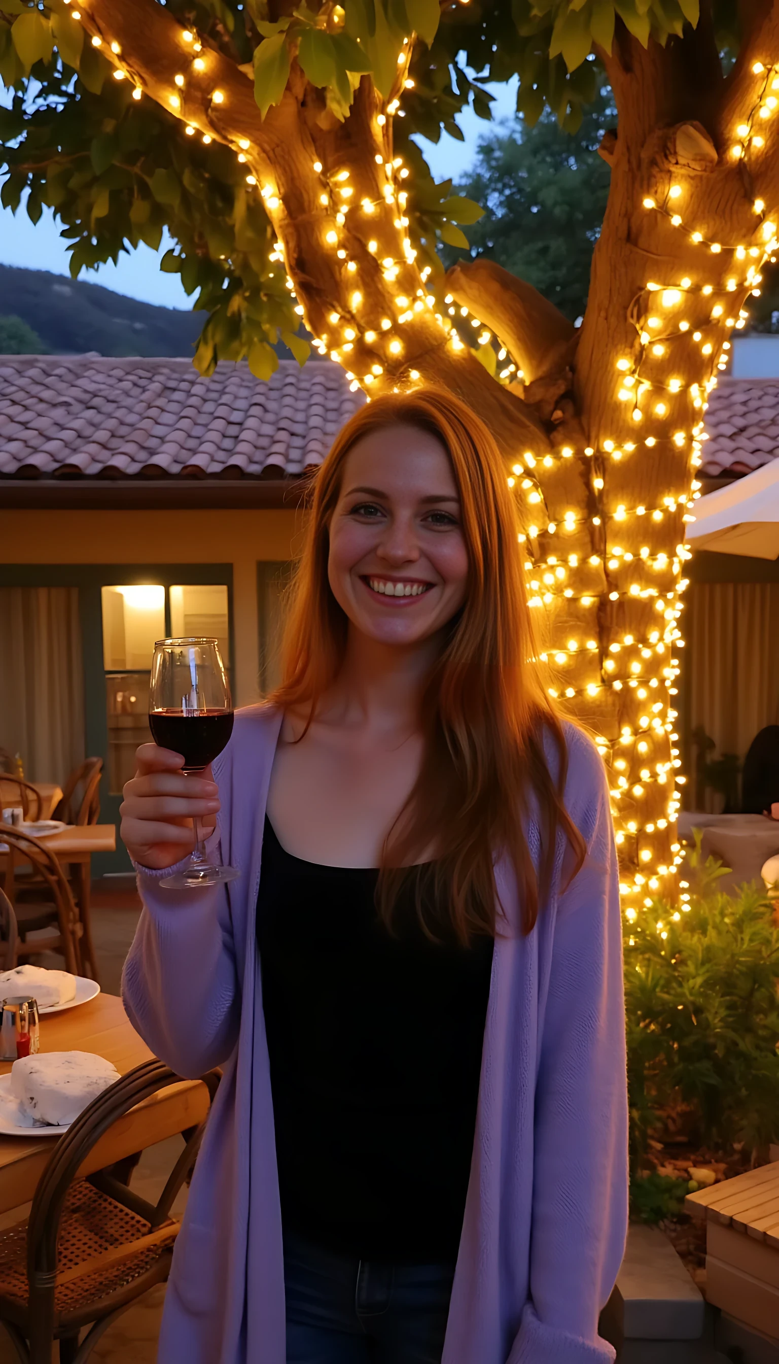 A full body shot photo of a woman standing outdoors at a cozy, warmly lit patio in the evening, with soft, glowing lights wrapped around a tree behind them creating a charming atmosphere. The image is rich in detail, with warm tones and clear textures throughout. The woman has fair skin, a slim build, and long reddish-blonde hair, also worn loose. She is smiling warmly at the camera, holding a glass of red wine in her right hand, and wears a soft-textured lavender cardigan over a black top. The background features a large tree with sparkling string lights wrapped around its trunk and branches, adding a magical touch to the scene. The setting suggests a private outdoor seating area, with elements like terracotta-tiled roofing, greenery, and rattan chairs contributing to a serene, inviting vibe. The overall composition is balanced, with the woman framed against the softly glowing tree, and the lighting enhances the warm, intimate feel of a quiet evening shared among friends. The details are vivid, with textures of clothing, skin, and background elements clearly visible, while the warm lighting creates a relaxed and joyful mood