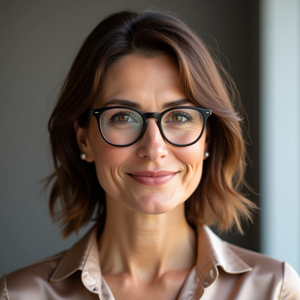 score_9, photorealistic headshot of a mature businesswoman, fuller chubby face, chestnut brown hair, hazel eyes, wearing stylish glasses and a silk blouse, confident smile, neutral office background