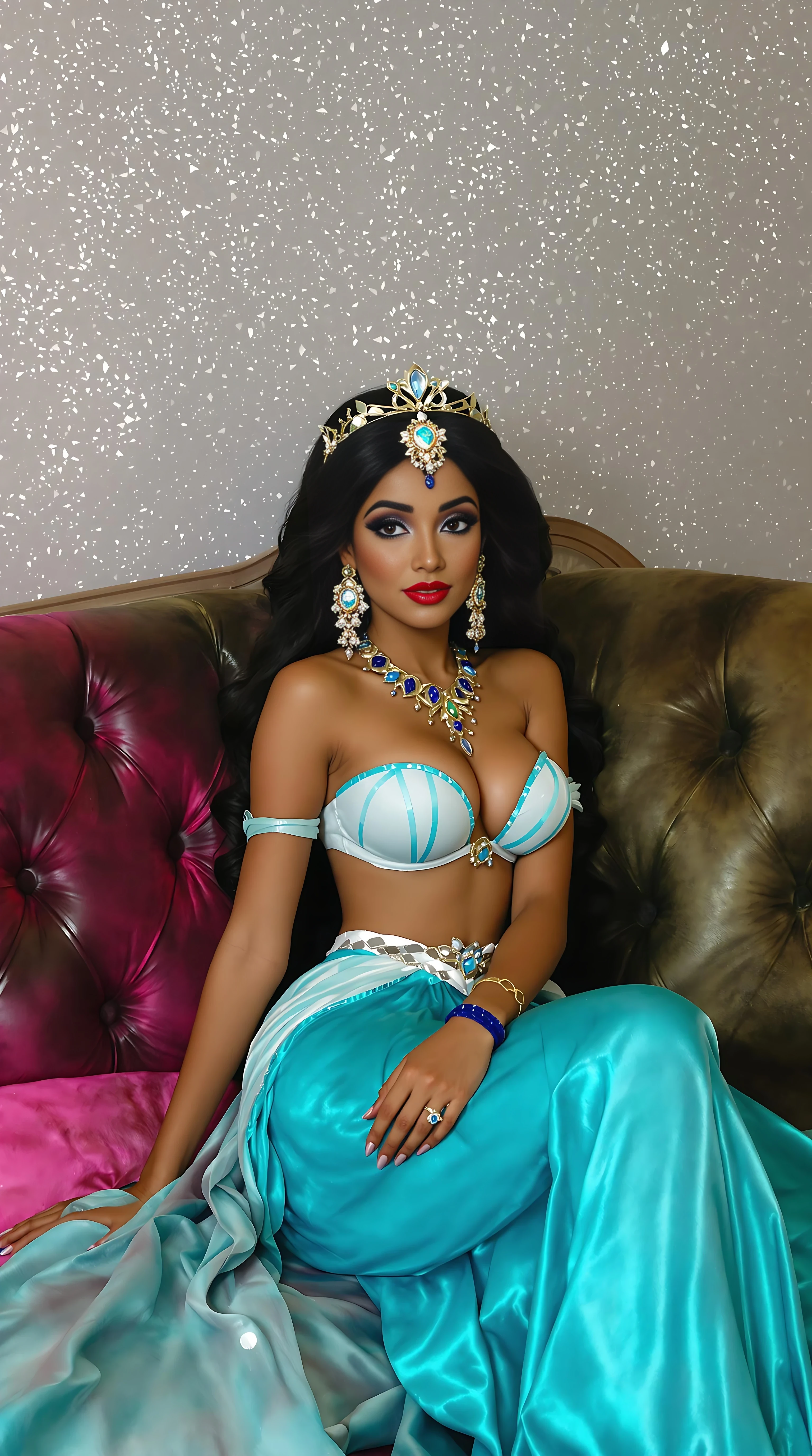 A 21st century new year 2025 modern Disney princess jasmine version, disney pixar, pixar, Disney princess jasmine, but shes 18 years old now and a adult film mexican actress, sitting vert pretty on the casting couch, all dolled up, adult filming studio with a couch cameras, and an interviewer and a big large dark skinned man waiting for the filming to begin, I think everyone is eager and excited o watch her work in the adult video scene, porn, pornstar, it's was Disney princess jasmines deepest hidden desire to be in porn, she finally got the courage to go to a porn casting,
