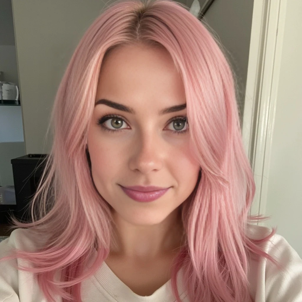 boring low quality snapchat photo circa 2015, cute woman, light pink hair, full outfit