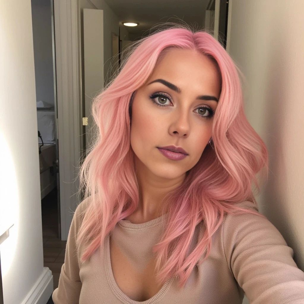 boring low quality snapchat photo circa 2015, cute woman, light pink hair, full outfit