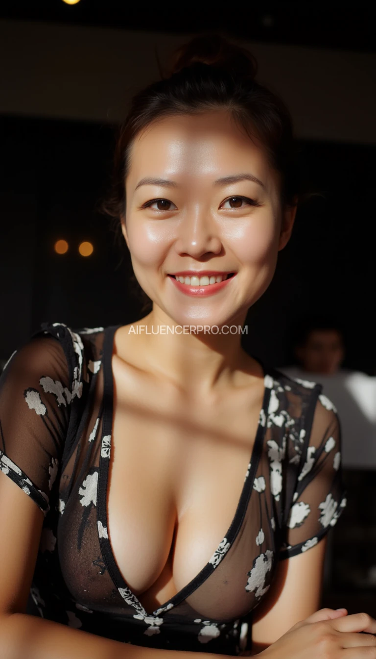 Portrait photograph of a woman, ((asian)), brunette hair pulled up in a bun, well groomed hair, light makeup, beautiful dark brown eyes, perfect eyes, sexy blouse, very low plunging neckline, abstract pattern blouse, gorgeous smile, sitting at a table in a restaurant, low lighting, moody, extremely intricate details, young, very young, innocent smile, cute, naked, exposed vagina, oiled up, aroused. Intimate moments in the shade 