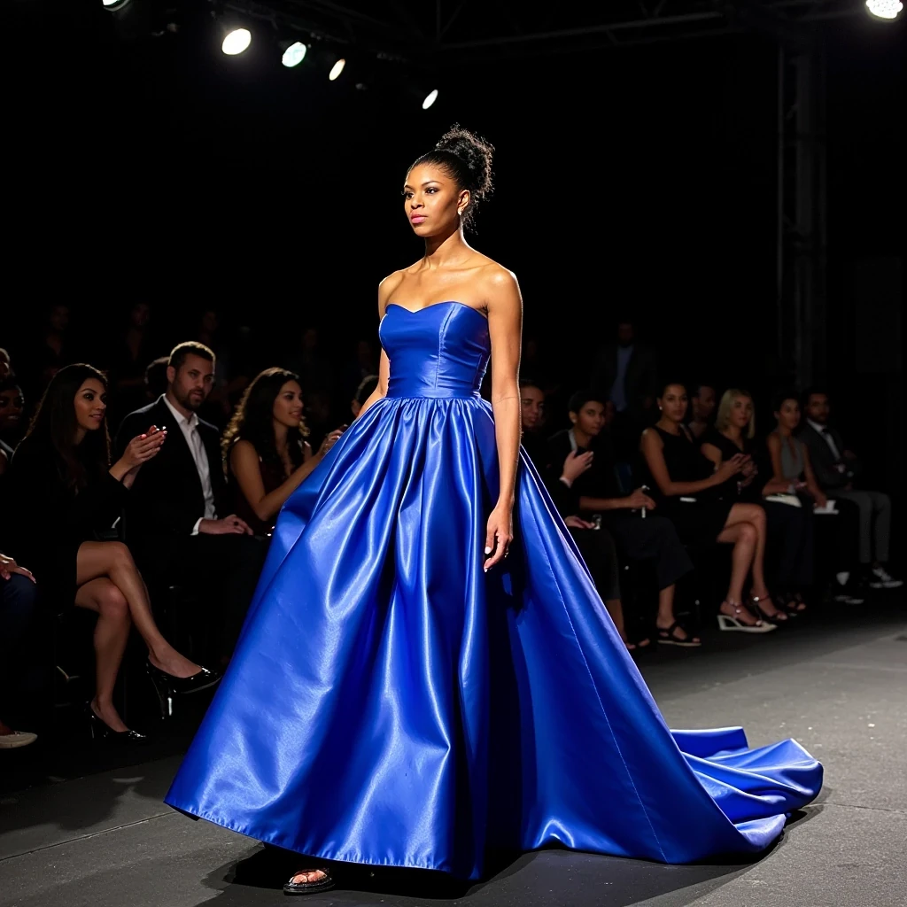 CFDA Awards Entry
Shot on Canon R3, 50mm f/1.2, ISO 400, 1/250 sec. Statuesque African American model in Christopher John Rogers volume gown, electric blue taffeta catching light. Light olive brown skin glowing under precision lighting setup. Multiple Profoto B10X units creating dimensional light on sculptural dress. Hair in architectural updo showing clean neck line. Background: Fashion industry elite, American fashion's biggest night.
 CSTMDL