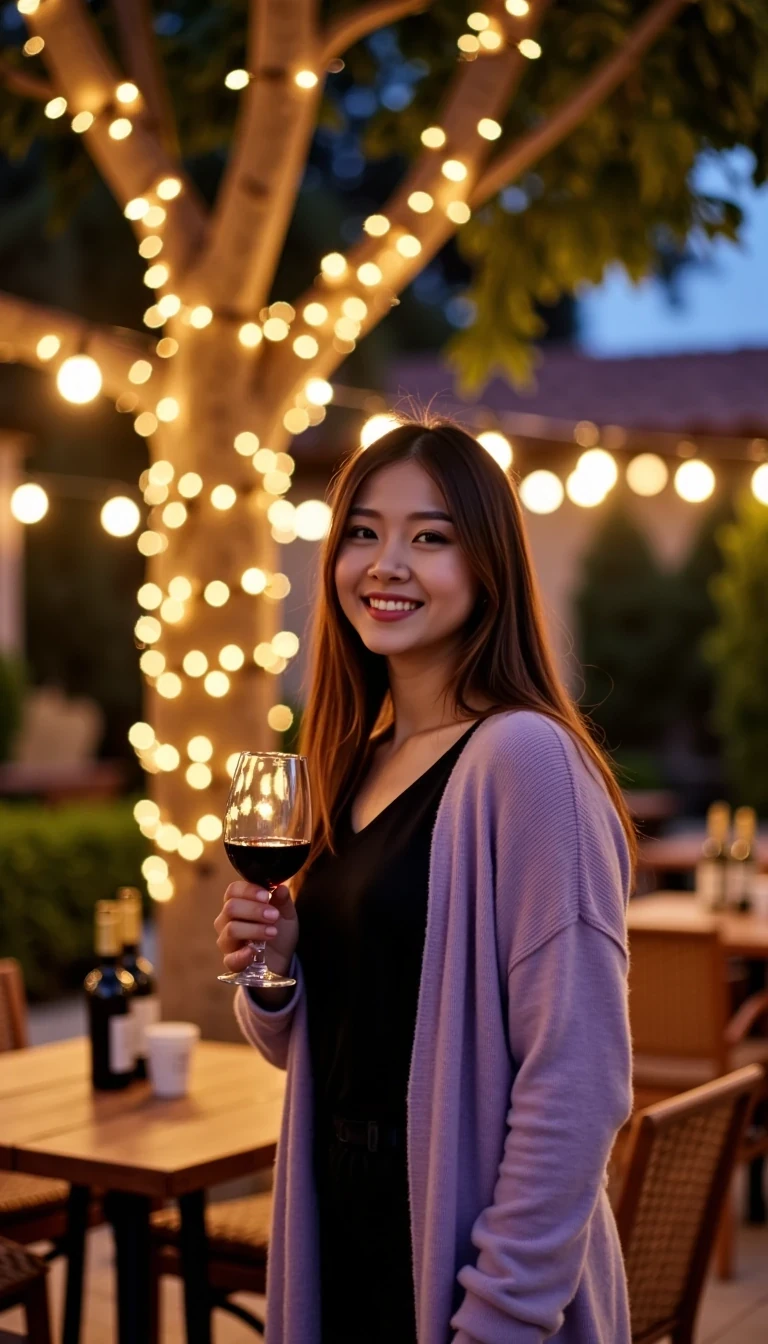 A full body shot photo of Hana CSTMDL standing outdoors at a cozy, warmly lit patio in the evening, with soft, glowing lights wrapped around a tree behind them creating a charming atmosphere. The image is rich in detail, with warm tones and clear textures throughout. She is smiling warmly at the camera, holding a glass of red wine in her right hand, and wears a soft-textured lavender cardigan over a black top. The background features a large tree with sparkling string lights wrapped around its trunk and branches, adding a magical touch to the scene. The setting suggests a private outdoor seating area, with elements like terracotta-tiled roofing, greenery, and rattan chairs contributing to a serene, inviting vibe. The overall composition is balanced, with the woman framed against the softly glowing tree, and the lighting enhances the warm, intimate feel of a quiet evening shared among friends. The details are vivid, with textures of clothing, skin, and background elements clearly visible, while the warm lighting creates a relaxed and joyful mood