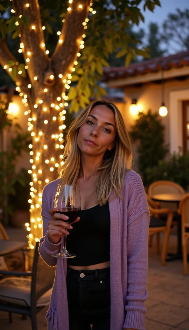 A full body shot photo of CSTMDL standing outdoors at a cozy, warmly lit patio in the evening, with soft, glowing lights wrapped around a tree behind them creating a charming atmosphere. The image is rich in detail, with warm tones and clear textures throughout. The woman has fair skin, a slim build, also worn loose. She is smiling warmly at the camera, holding a glass of red wine in her right hand, and wears a soft-textured lavender cardigan over a black top. The background features a large tree with sparkling string lights wrapped around its trunk and branches, adding a magical touch to the scene. The setting suggests a private outdoor seating area, with elements like terracotta-tiled roofing, greenery, and rattan chairs contributing to a serene, inviting vibe. The overall composition is balanced, with the woman framed against the softly glowing tree, and the lighting enhances the warm, intimate feel of a quiet evening shared among friends. The details are vivid, with textures of clothing, skin, and background elements clearly visible, while the warm lighting creates a relaxed and joyful mood