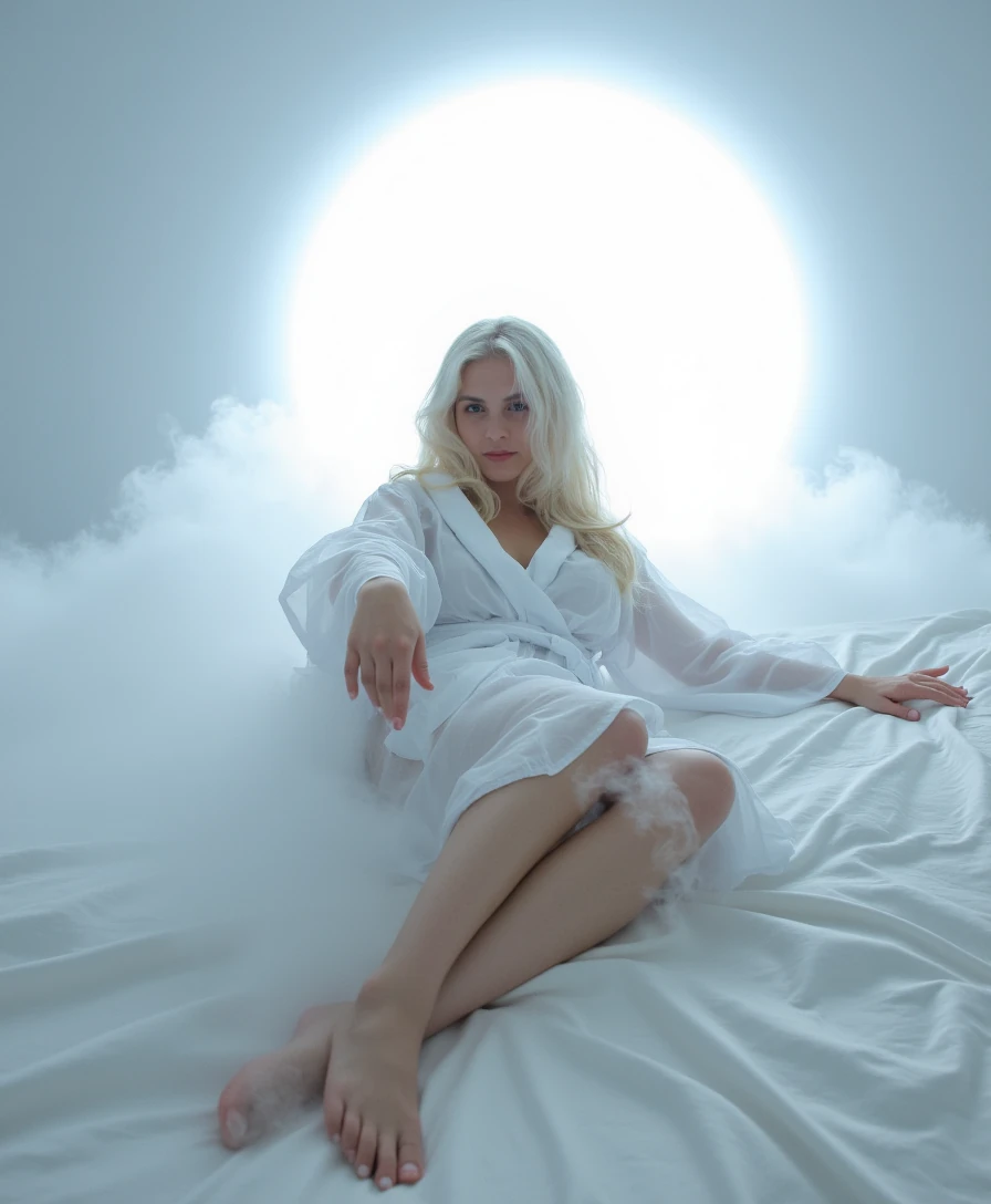A glowing, ethereal white room. Luna with icy blonde hair, floats on silk sheets, fog curling around her. She wears a flowing sheer robe, hair fanned around her like a goddess in a dream. Her hand reaches toward the viewer, inviting surrender. The light behind her pulses like a heartbeat.