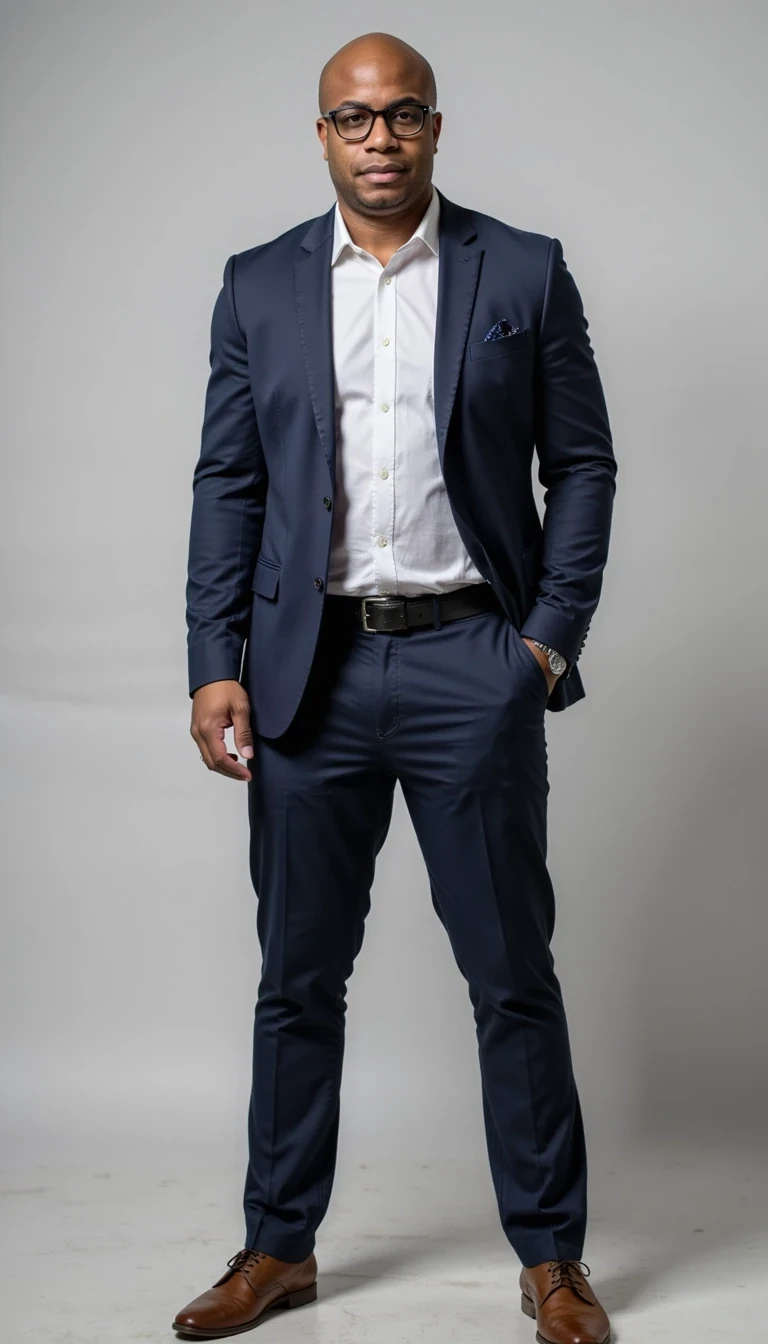 Full body image. make him more realistic and similar. Businessman, He is wearing a suit and modern Ray-Ban reading glasses. Slim but muscular build. He is facing the camera directly, as if posing for a LinkedIn profile picture. He looks like a CEO of a huge corporation with tshirt open, CSTMDL, Face of Carter and bald head