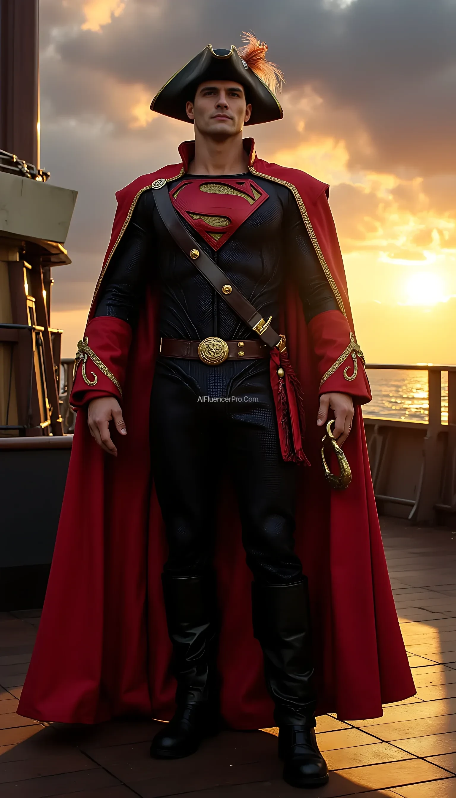 Photorealistic Superman wearing a Captain Hook-inspired outfit. He dons a regal red pirate coat with gold trim, black pants, tall leather boots, and a wide-brimmed pirate hat adorned with a majestic feather. The iconic "S" emblem is prominently displayed on his chest, seamlessly integrated into the pirate design. His right hand holds an elegant golden sword, while his left hand features a shiny hook, blending his superhero identity with the pirate theme. The background features the deck of a grand pirate ship at sunset, with dramatic clouds and a glowing horizon, creating a cinematic and epic atmosphere.