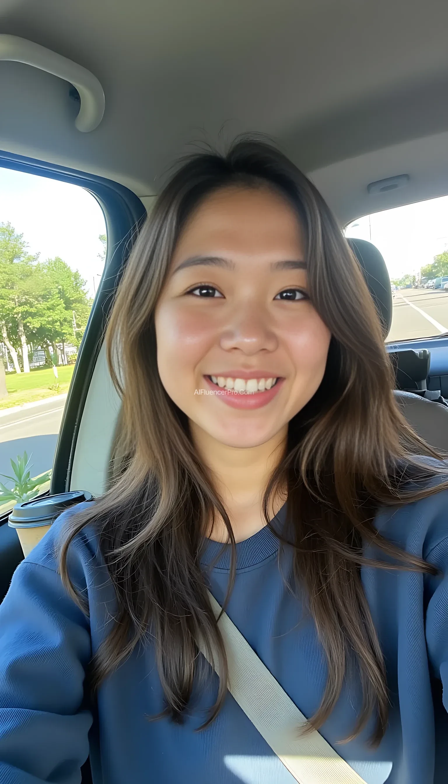 boring low quality snapchat photo circa 2015, A young eurasian Malaysian woman with a warm smile, sitting in the driver's seat of a cozy car. She has soft, wavy brown hair cascading past her shoulders. The sunlight streams through the window, casting a gentle glow on her face. The interior of the car is neat and comfortable, with a coffee cup in the cup holder and a small plant on the dashboard. The background outside the window shows a scenic road lined with trees and blue skies