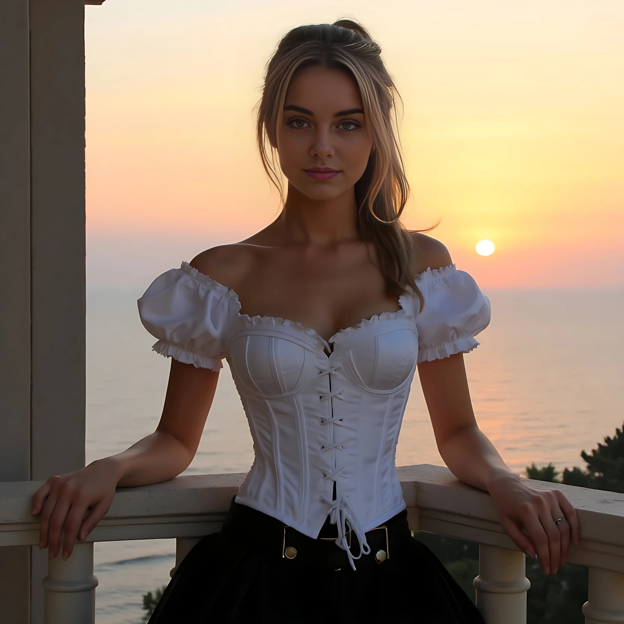 ultra realistic, 19 year old slavic girl dressed in a white classy corset, a black skirt, leaning against balcony overlooking the ocean sunset, hair in a ponytail, facing the camera. perfect hands, perfect arms, highly detailed face IMG_1018.HEIC
