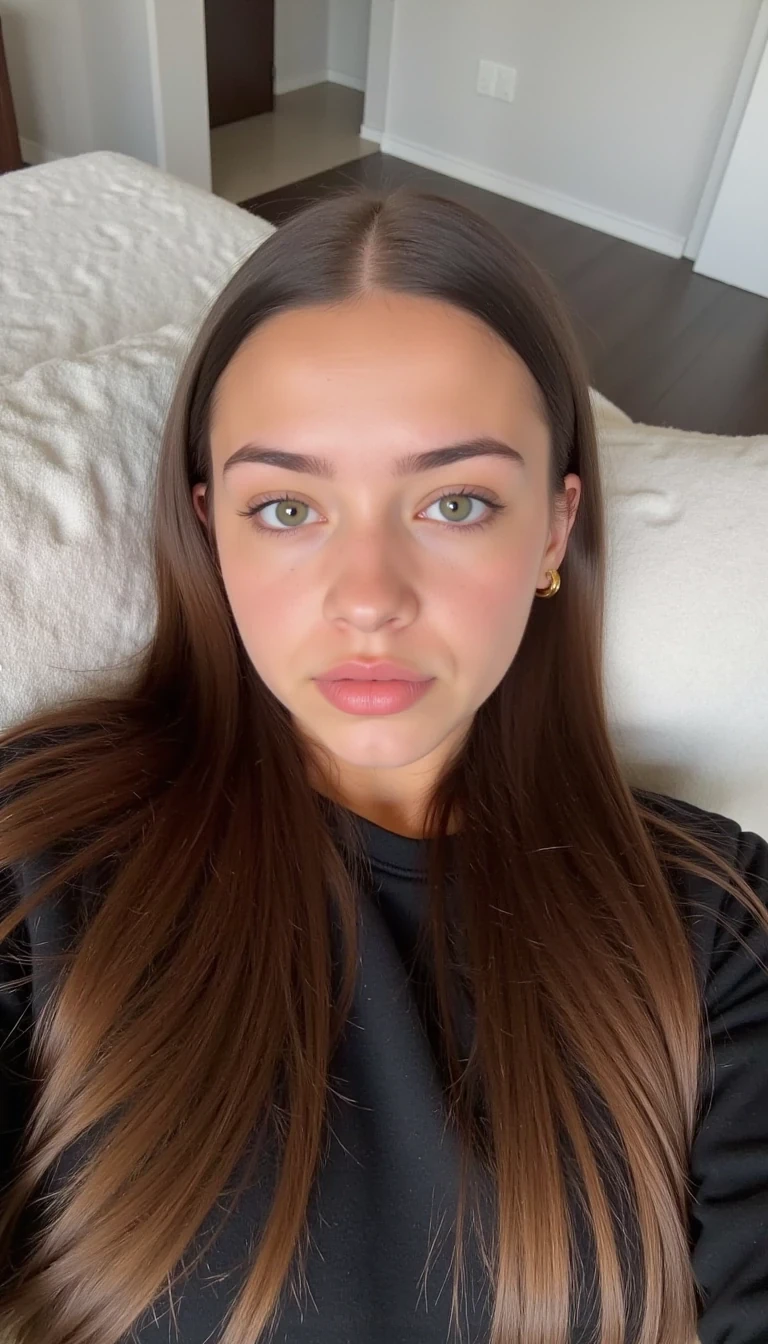 boring low quality snapchat photo circa 2015, selfie of CSTMDL, An 18-year-old teen with long straight brown hair with subtle golden highlights, bright green eyes, smooth lightly tanned skin, and an oval symmetrical face. She has naturally full pink lips, straight nose, and softly shaped eyebrows. Her body is slim with gentle curves, natural waist around 25 inches, proportional hips, flat toned abdomen, and slender arms and legs without appearing overly skinny. She is wearing a dark hoodie, casual style. The setting is on a white bed in a bright white bedroom, with soft natural daylight illuminating the room and creating gentle shadows. The composition is a centered medium close-up selfie taken at face level, with natural daylight illuminating her face and hair, creating soft shadows and contrast. Her expression is calm and slightly serious, sharp focus on facial features, 85mm lens look, realistic photographic style.