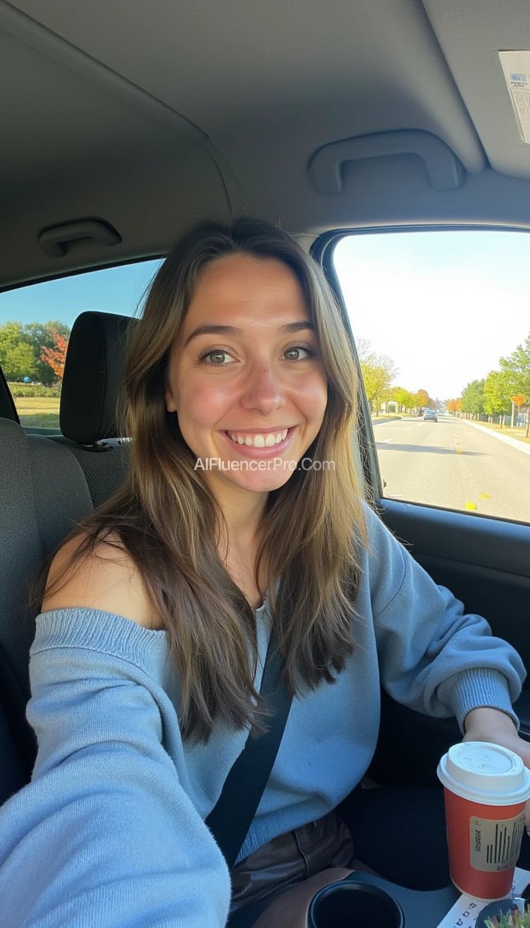 boring low quality snapchat photo circa 2015, A young woman with a warm smile, sitting in the driver's seat of a cozy car. She has soft, wavy brown hair cascading past her shoulders. The sunlight streams through the window, casting a gentle glow on her face. The interior of the car is neat and comfortable, with a coffee cup in the cup holder and a small plant on the dashboard. The background outside the window shows a scenic road lined with trees and blue skies