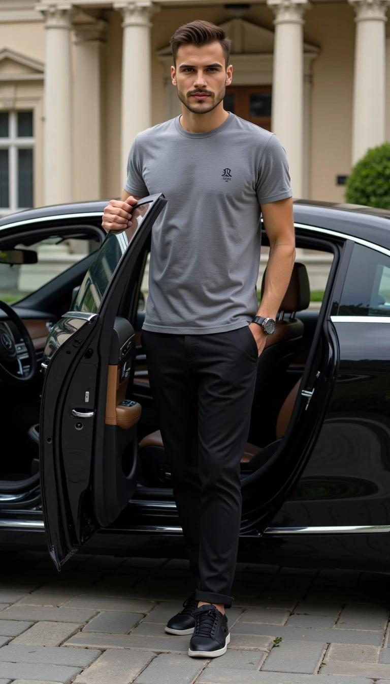 Photorealistic full-body photo of a young handsome man, he wears grey t-shirt, long elegant trousers, black sneakers, He is standing near the Mercedes S-Class Maybach and opening the driver's door. He is facing to camera, he has no logo on t-shirt


Lifestyle influencer aesthetic, cinematic realism, ultra-detailed, 8K
The photo feels cinematic, influencer-style, high quality, professional composition.
Well lit picture, Style: Photorealistic Lighting: studio lighting 
Details: Bright Lighting, High Detail, 4K
he stand infront of camera , photoghraped by a photograph
