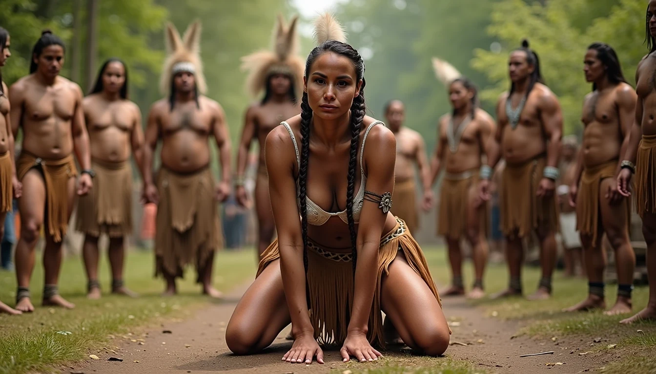 photo of woman CSTMDL, a medium shot photo of, a slim woman, her full body is in the scene, she has a slender petite build with petite small boobs and a flat chest, she has small dark skin nipples with long pointy nipple ducts and small dark skinned areolas, her hair is styled with two long braids she has eagle plumes in her hair, she is not wearing earrings, she is wearing daisy duke denim booty shorts, she is wearing a native American style vest in a golden yellow color over top of her underwear, she is holding her vest open exposing her strapless bra, her bra is a strapless white lace bra, she is wearing a fringe breechcloth in a golden yellow color, she is wearing ankle height smoked hide moccasins, natural lighting, natural light, amateur photography, shot on an iPhone, she is posing bent over on all fours on the ground with her legs spread wide apart in a wooded area in front of a fat obese native American man, she is maintaining intense eye contact with the camera, a fat obese native American man is directly behind her while other fat obese native American men form a lineup,  public setting, Hyper realism, 16k, uhd, ultra-sharp focus, perfect meshes and textures, highly detailed, highly accurate reflections, natural lighting, natural light, amateur photography, 