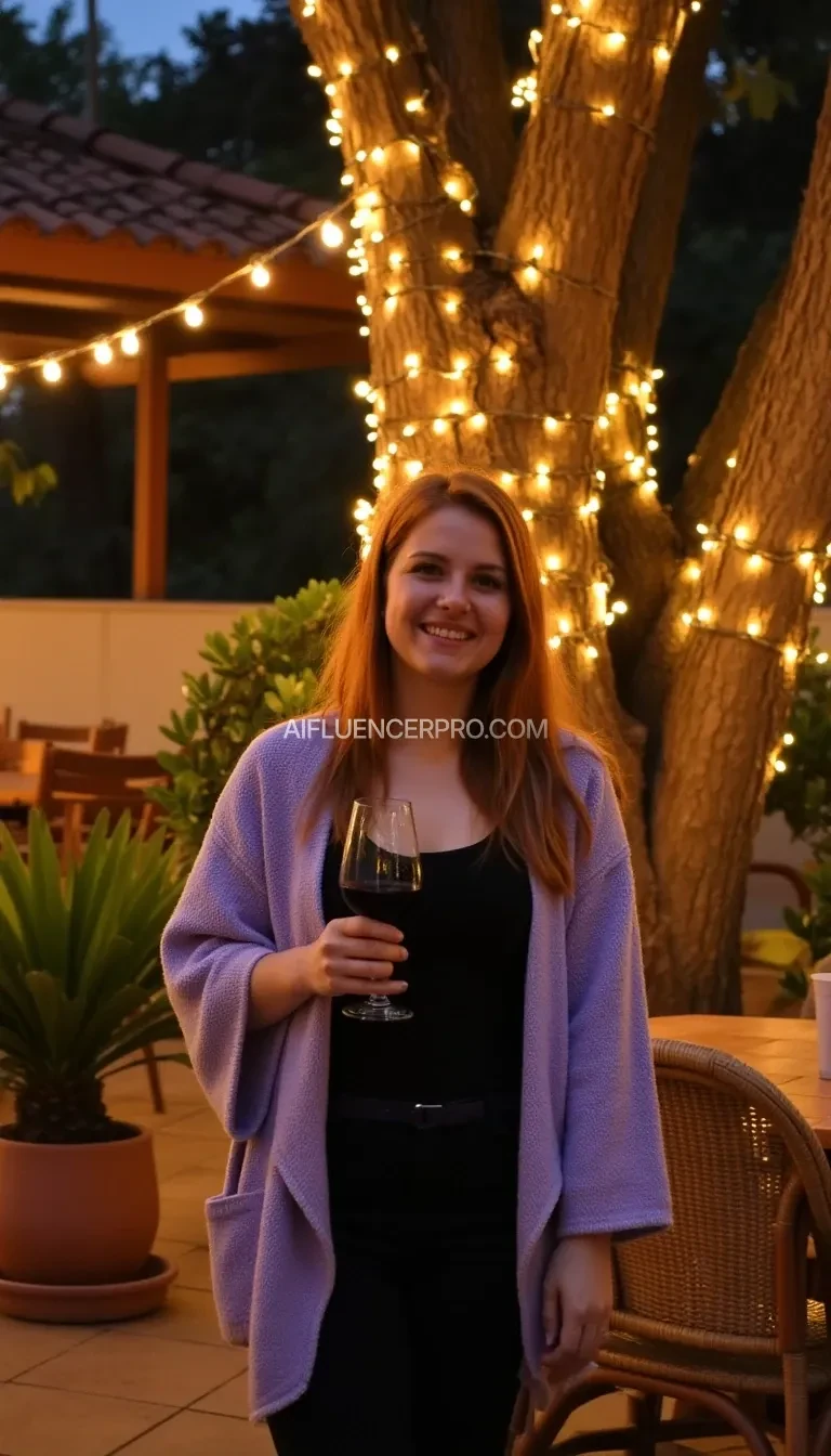 A full body shot photo of a woman standing outdoors at a cozy, warmly lit patio in the evening, with soft, glowing lights wrapped around a tree behind them creating a charming atmosphere. The image is rich in detail, with warm tones and clear textures throughout. The woman has fair skin, a slim build, and long reddish-blonde hair, also worn loose. She is smiling warmly at the camera, holding a glass of red wine in her right hand, and wears a soft-textured lavender cardigan over a black top. The background features a large tree with sparkling string lights wrapped around its trunk and branches, adding a magical touch to the scene. The setting suggests a private outdoor seating area, with elements like terracotta-tiled roofing, greenery, and rattan chairs contributing to a serene, inviting vibe. The overall composition is balanced, with the woman framed against the softly glowing tree, and the lighting enhances the warm, intimate feel of a quiet evening shared among friends. The details are vivid, with textures of clothing, skin, and background elements clearly visible, while the warm lighting creates a relaxed and joyful mood