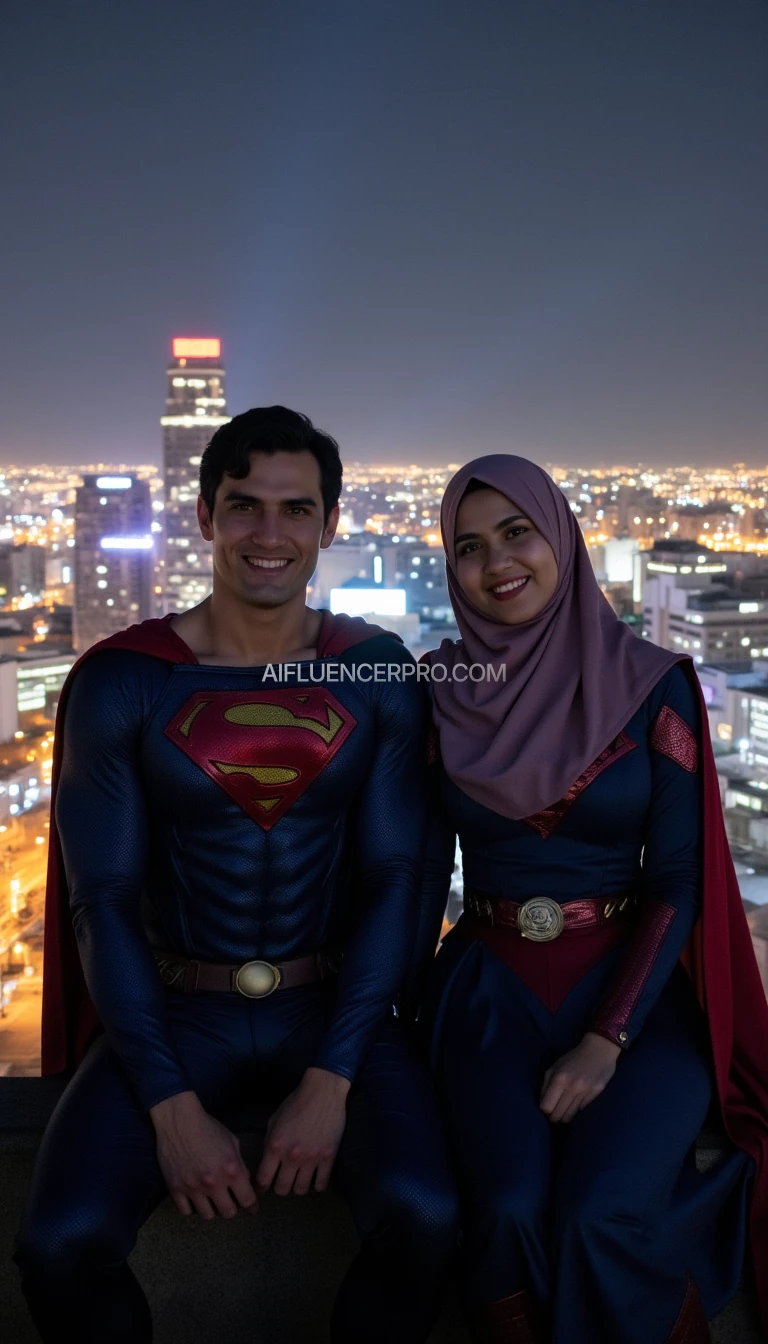 Superman and his girlfriend sit side by side at the edge of a tall building rooftop, overlooking a brightly lit city at night. She wears a hijab and a loose superhero costume, featuring a blue top with a red 'S' logo on the chest, a red cape billowing in the wind, and a matching hijab seamlessly integrated into the costume. The image is taken from the front (front view), close-up showing only the upper body down to the waist (waist-up). Both smile casually, sitting with their hands on their knees, with their bodies slightly leaning forward. Their expressions are cheerful and relaxed, creating a warm atmosphere. The background features a glowing cityscape, cinematic atmosphere, ultra-realistic, highly detailed, with soft lighting and vibrant color contrast