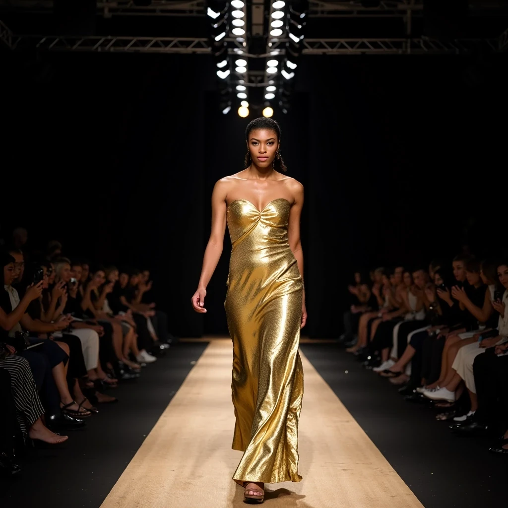 Opening Look
Shot on Sony A1, 70-200mm f/2.8 GM II, ISO 800, 1/1000 sec. Center runway capture of model with light olive brown skin in Schiaparelli gold sculptural gown. Harsh overhead spots at f/11 creating dramatic shadows. Front-row phone lights add sparkle to skin texture. Skin shows runway-ready finish: poreless appearance but natural sheen from movement. Strong stride, 3/4 angle. Background: blurred FROW celebrities, dark atmosphere. Multiple catch lights in eyes from runway lighting grid. CSTMDL