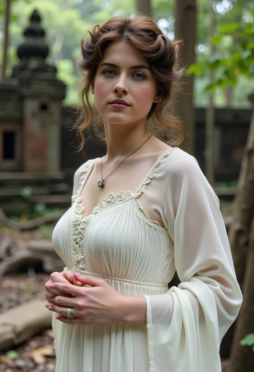 Medium shot of woman CSTMDL, brunette, small pendant, no watch, no ring, hair tied, blue eyes, vintage early 1900 white dress. Her dress is covering and chaste but reveals and highlights her very sexy and feminine curves. her hands are delicately crossed on her lower abdomen.
She’s working as an archaeologist at Angkor temple. Khmer ruins in the jungle are in the background 