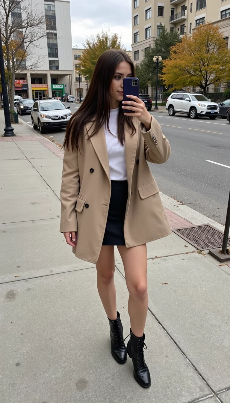 CSTMDL, 18-year-old brunette with long straight hair takes a selfie on the street, wearing a beige oversized blazer, mini skirt, and boots. Urban background, autumn vibe, natural amateur photo.