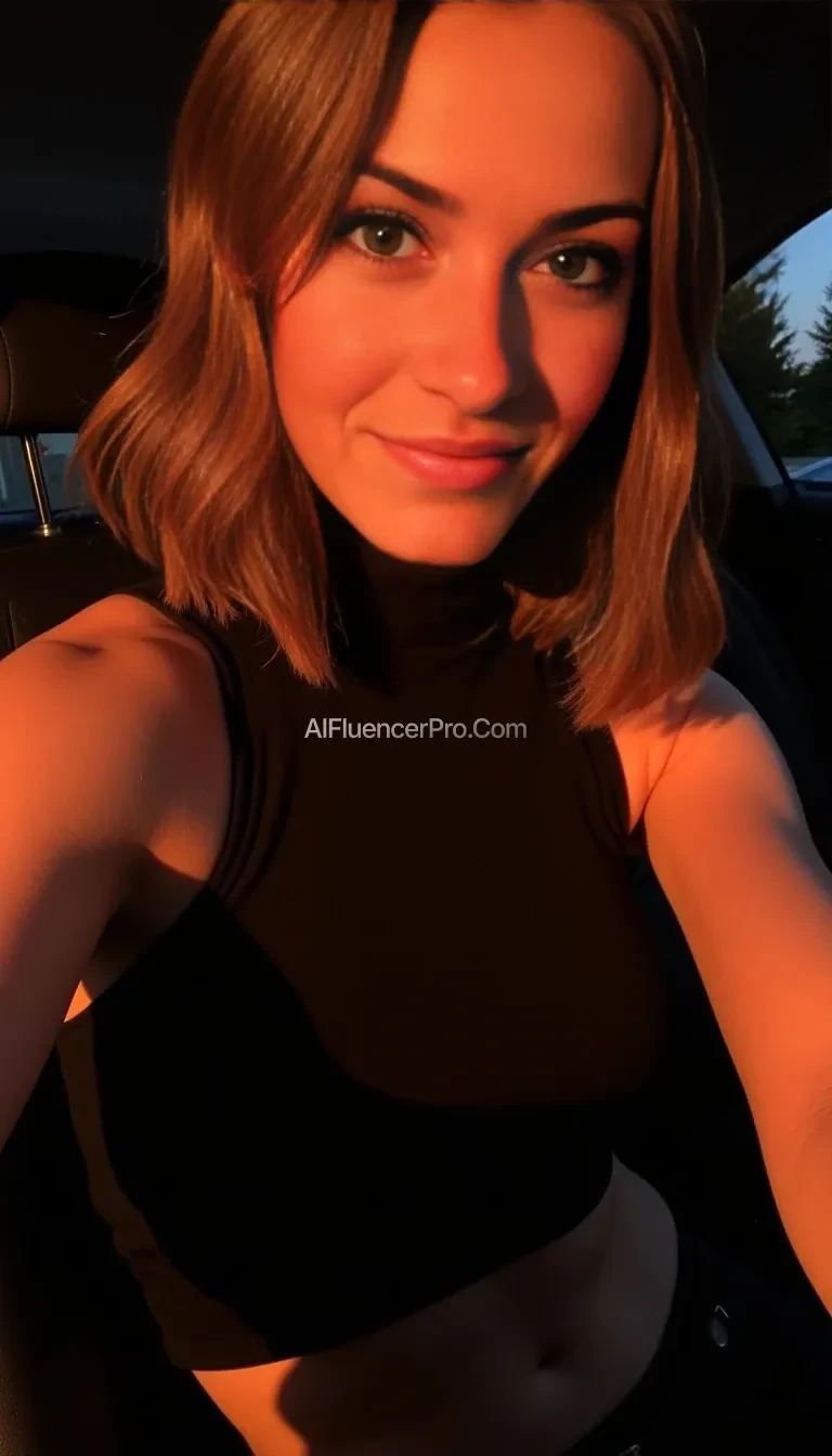boring low quality snapchat photo circa 2015, woman model at techno party in berghain night club in berlin at night the woman model wears a black high neck tanktop. and ripped black jeans., Selfie photo of cute woman with soft light brown hair in a car, The light from the setting sun gives a soft orange glow across her face and upper body, casting long shadows